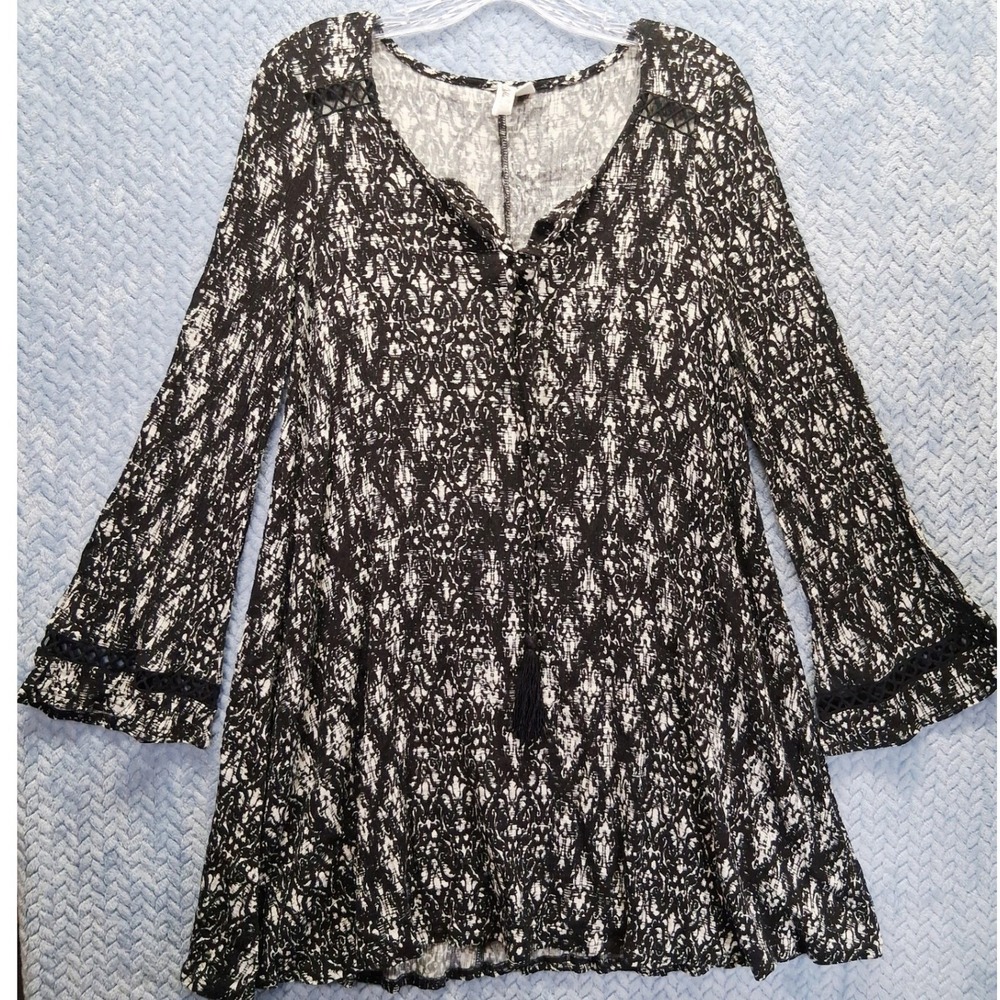 Others Follow Black White Damask Print Boho Tunic Top Crochet Lace Small